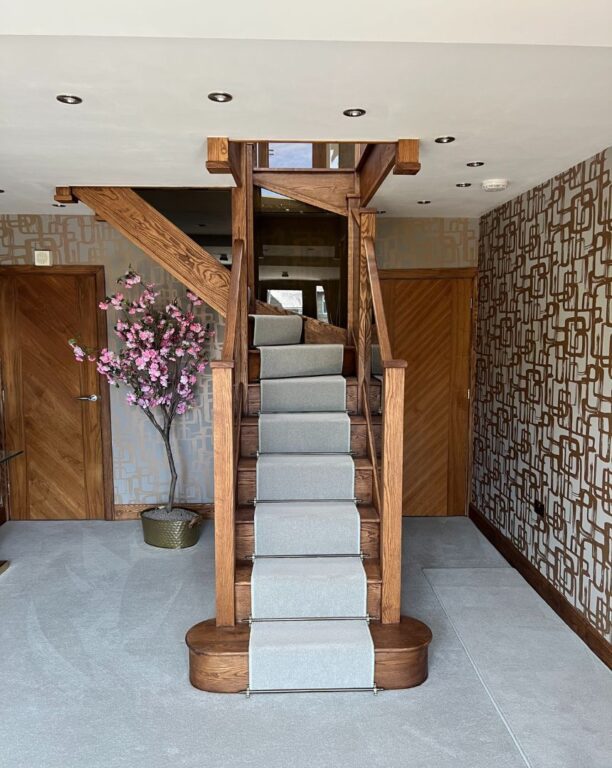 Bespoke wooden staircase with dark balustrade handcrafted in Halifax